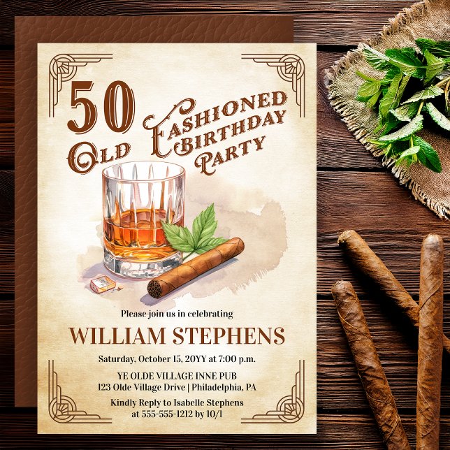 Convites 50th Old Fashioned Whiskey Cigar Birthday Party (Old Fashioned whiskey 50th birthday invitation with vintage masculine style)