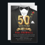 Convites 50th Surprise Birthday Tuxedo<br><div class="desc">Convite de Tuxedo,  convite de aniversário de Tuxedo,  convite de gravata negra,  secreto,  espião,  elegante,  homens,  arco,  convite de aniversário de 50 anos,  terno,  agente,  aniversário surpresa</div>