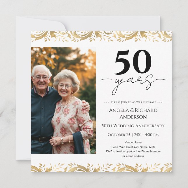 Convites 50th Wedding Anniversary Gold Black Photo Invitati (Frente)
