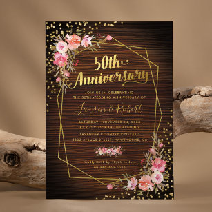 Convites 50th Wedding Anniversary Rustic Gold Pink Floral