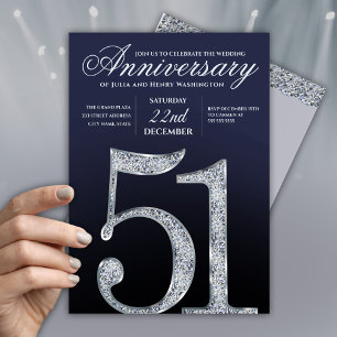 Convites 51º Aniversário Diamante Prata Azul Marinho Modern