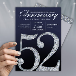 Convites 52º Aniversário Diamante Prata Azul-Marinho Modern