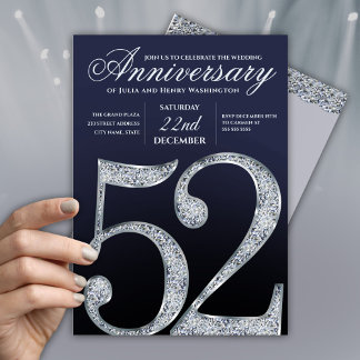 Convites 52º Aniversário Diamante Prata Azul-Marinho Modern