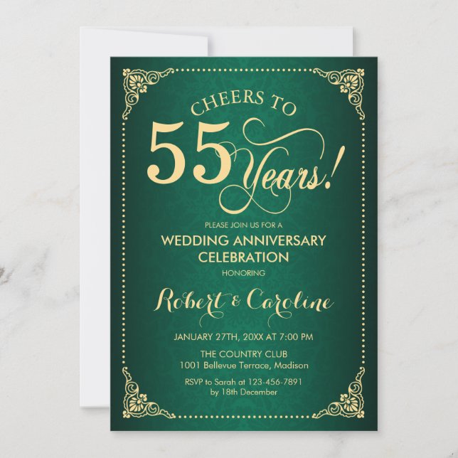 Convites 55º Aniversário de Casamento - Damasco Dourado Ver (Frente)