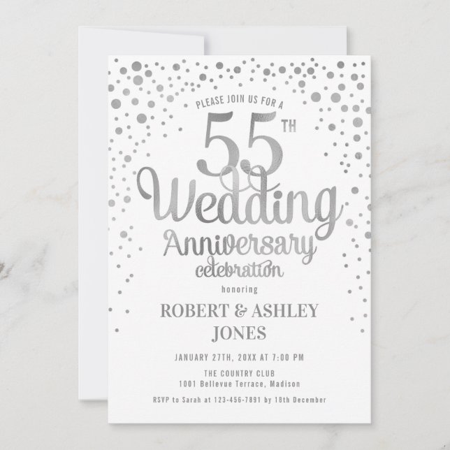 Convites 55º Aniversário de Casamento - Prata e Branco (Frente)