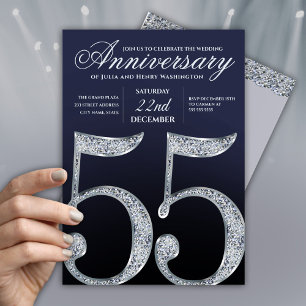 Convites 55º Aniversário Diamante Prata Azul Marinho Modern