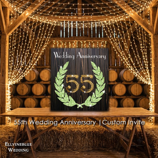 Convites 55º Aniversário | Esmeralda, Madeira Rústica e Dou (55th Wedding Anniversary Invite | Rustic Wood & Emerald Laurel. Size: 5.25” x 5.25”)