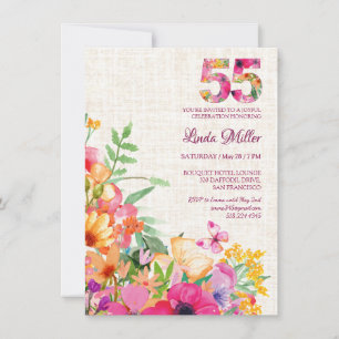 Convites 55 Anos Flores Floral Linho Aniversário de 55 anos