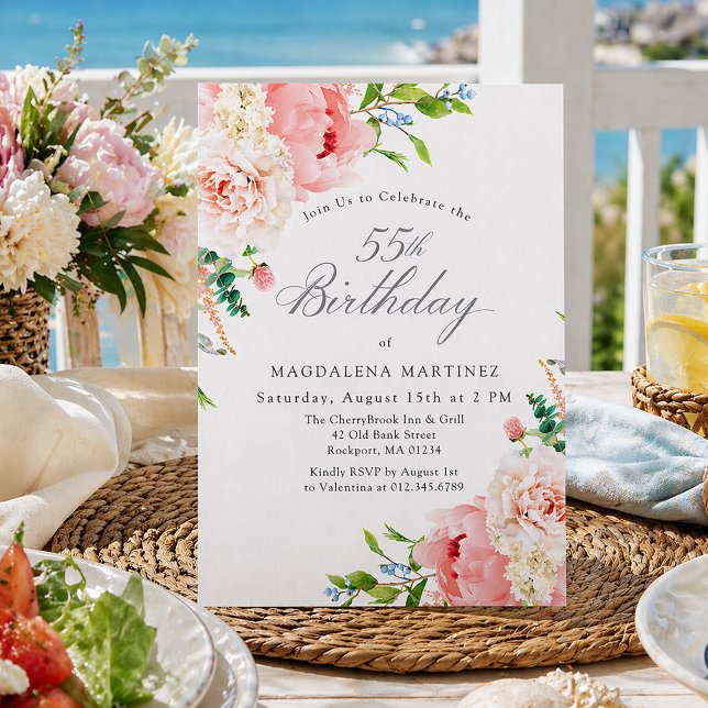 Convites 55th Birthday Party Feminine Pink Roses Floral (Criador carregado)