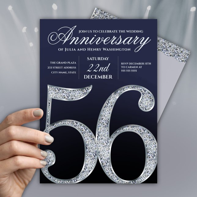 Convites 56th Anniversary Diamond Silver Navy Blue Modern (Criador carregado)