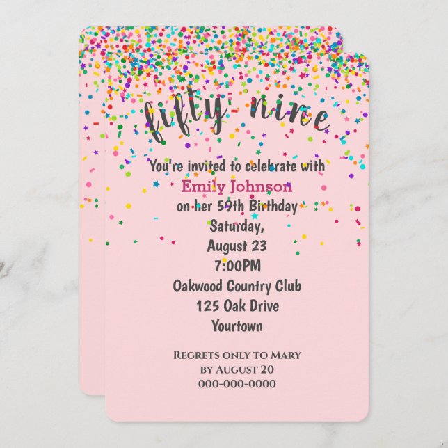 Convites 59ª Festa de aniversário Confetti a rosa (Frente/Verso)