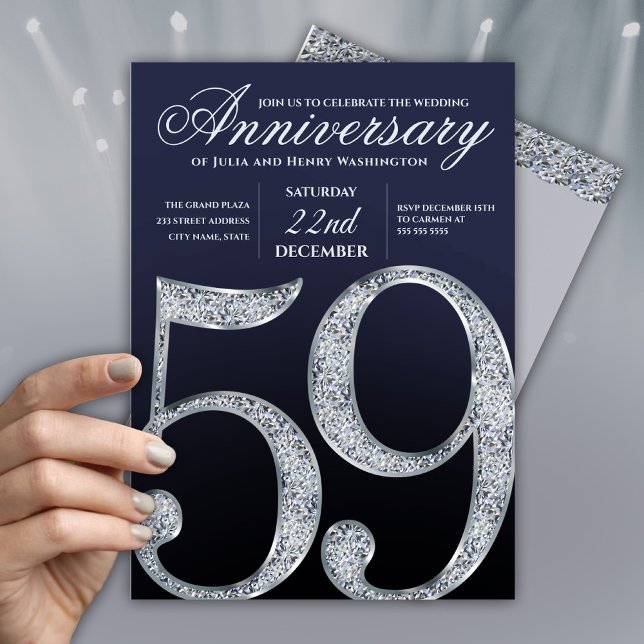Convites 59th Anniversary Diamond Silver Navy Blue Modern (Criador carregado)