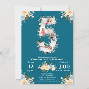 Convites 5 Birthday Flower Teal Colagem de Foto Azul Amarel