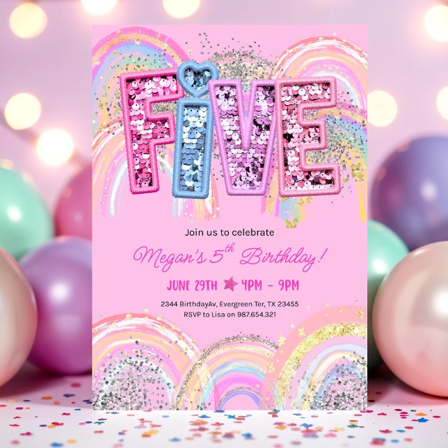 Convites 5 Birthday Invitation Girl Editable Rainbow Sequ (Criador carregado)
