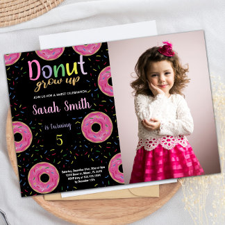 Convites 5 Black Pink Photo Rosquinha Birthday Invtions