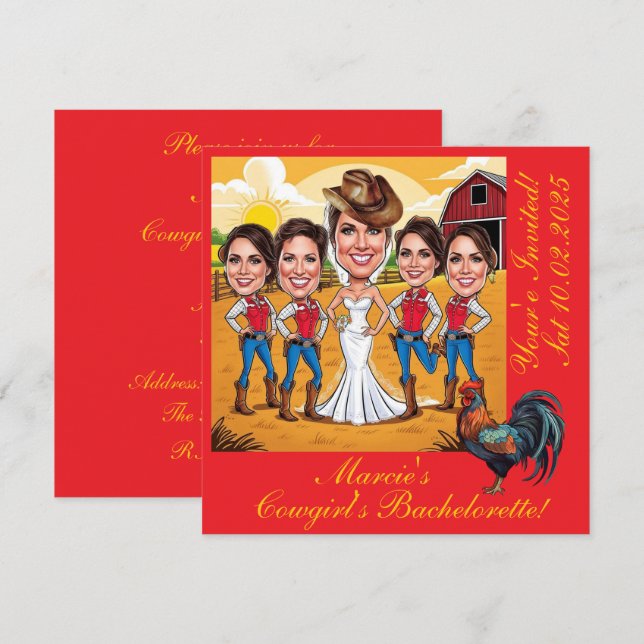 Convites 5 Caricaturas Russas Cowgirl Bachelorette (Frente/Verso)