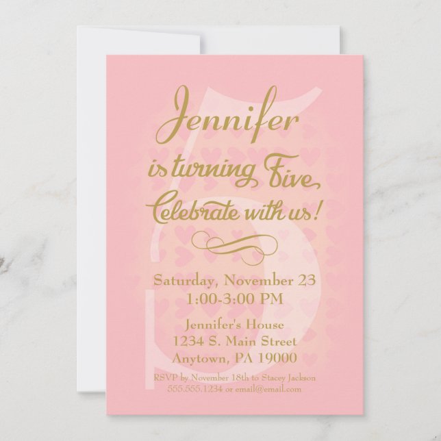 Convites 5 de Aniversário Chamando Raparigas Rosa Dourado C (Frente)