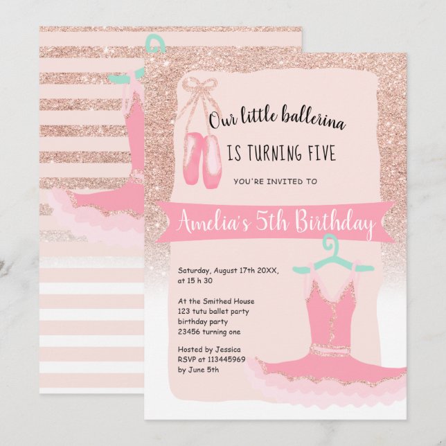 Convites 5 de aniversário de Rosa de balerina tutu com bril (Frente/Verso)