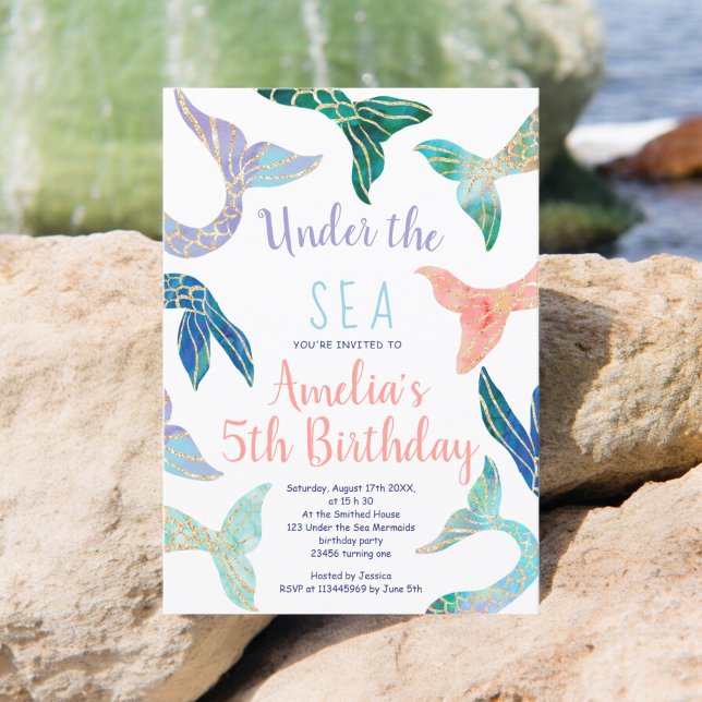 Convites 5 de aniversário do pastel de ouro brilhante da se (Glitter mermaid gold glitter pastel 5th birthday invitation)