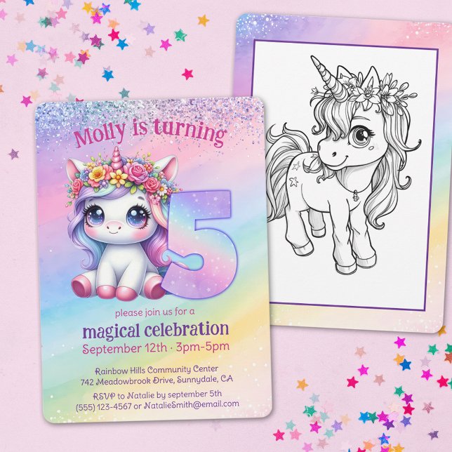 Convites 5 de aniversário mágico do Rainbow Unicorn (Criador carregado)