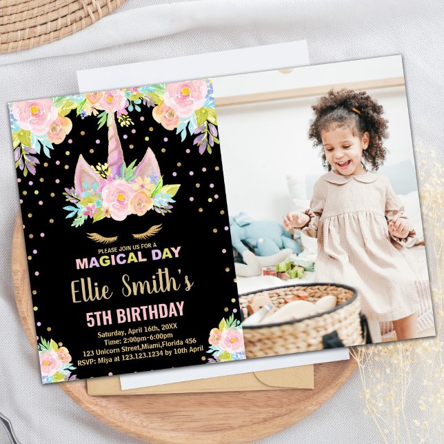 Convites 5 Floral Black Photo Unicorn Aniversário (5th Floral Black Photo Unicorn Birthday Invitation)
