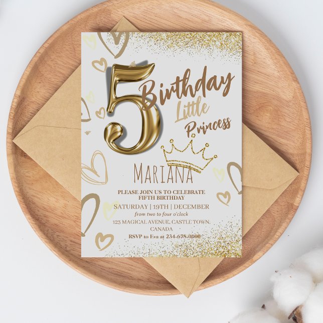Convites 5 Little Princess Dourada Glitter Legal Aniversári (Criador carregado)
