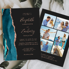 Convites 5-Photo Teal Blue Rose Gold Agate Dark Wedding