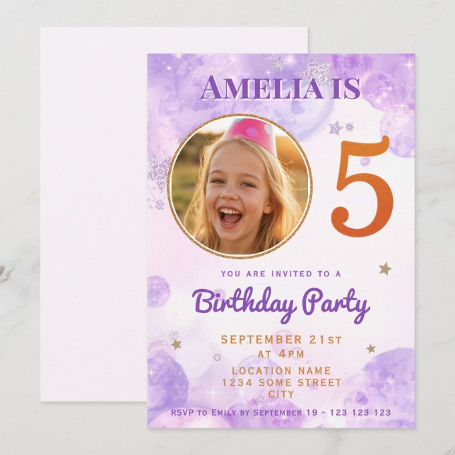 Convites 5 Purple Gold Star Bubbles 5th Birthday Invitation (Frente/Verso)