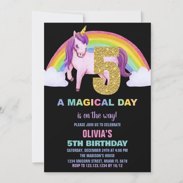 Convites 5 Rainbow Unicorn Aniversações de Aniversário Glit (Frente)