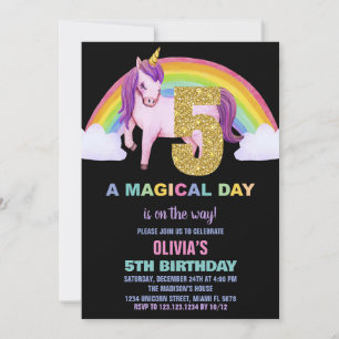 Convites 5 Rainbow Unicorn Aniversações de Aniversário Glit