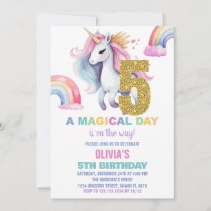 Convites 5 Rainbow Unicorn Aniversações de Aniversário Glit