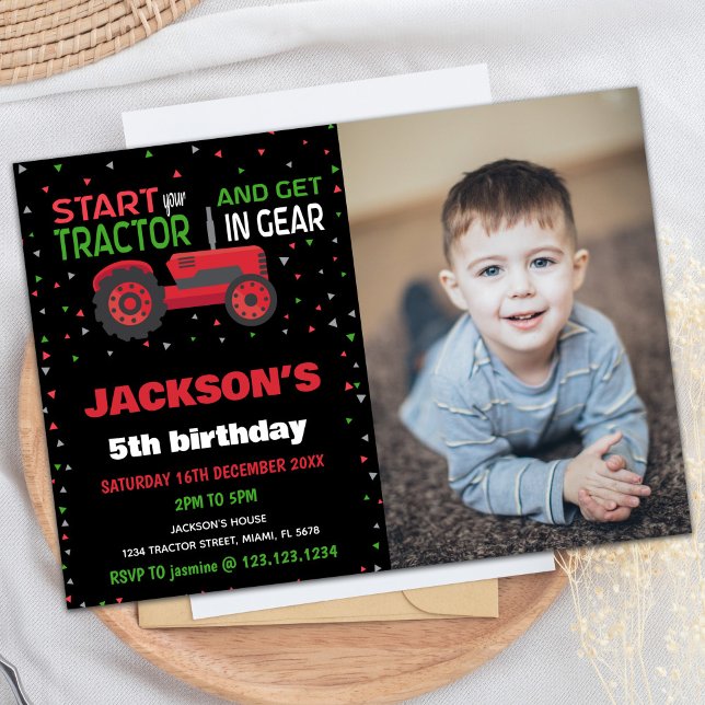 Convites 5 Red Trator Birthday Invances com foto (5th Red Tractor Birthday Invitations with photo)