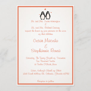 Convites 5 x 7 pêssegos Wedding do amor/corações do pinguim
