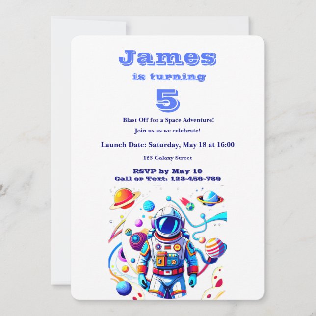 Convites 5 Year Old Space Birthday Custom Astronaut Orbit  (Frente)