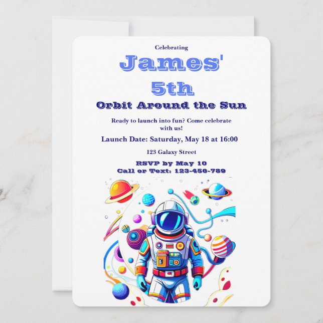 Convites 5 Year Old Space Birthday Custom Astronaut Orbit  (Frente)