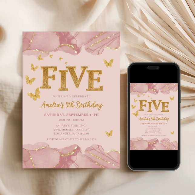 Convites 5th Birthday Invitation Pink Gold Glitter Girl (Criador carregado)