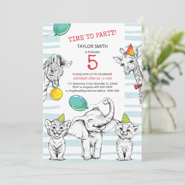Convites 5th birthday invitation with funny cute animal. (Em pé/Frente)