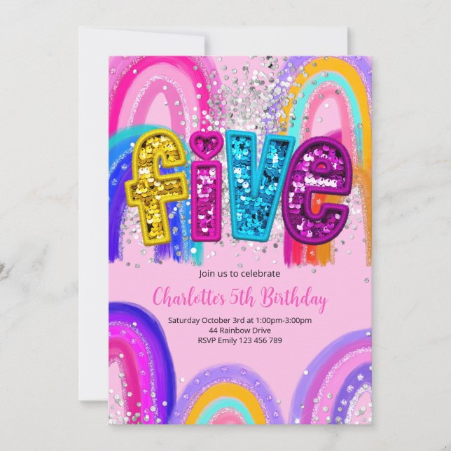 Convites 5th Birthday Sequin Rainbow Party Invitation (Frente)