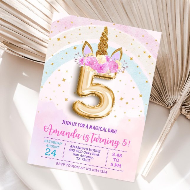 Convites 5th unicorn party invite, Editable 5th birthday in (Criador carregado)
