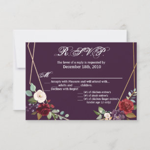 Convites 5x3,5 R.S.V.P. Plum Plum Rosas Roxo Dourado Geomet