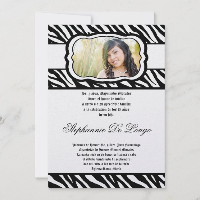 Convites 5x7 Blac Zebra Impressão Patter Quinceanera Convit (Frente)