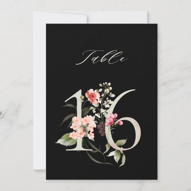 Convites 5x7 Botanical Floral Number 16, Black Table Number (Frente)