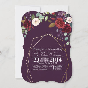 Convites 5x7 Rosas Roxos de Casamento de Plum Dourado Geom