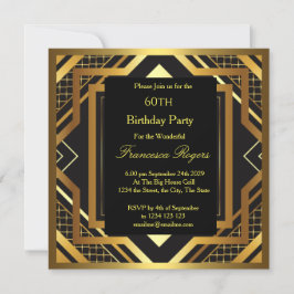 Convites 60ª Festa de aniversário Art Deco Dourado Preto