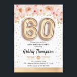 Convites 60ª Festa de aniversário - Balões Dourados<br><div class="desc">60º convite de aniversário. Design elegante em ouro brilhante com sotaque floral. Convide cartão com balões dourados número 60,  fonte de script com confetti. Coral cor-de-rosa,  branco. Perfeito para uma comemoração de na moda sexagésimo dia. Envie-me uma mensagem se precisar de idade personalizada.</div>