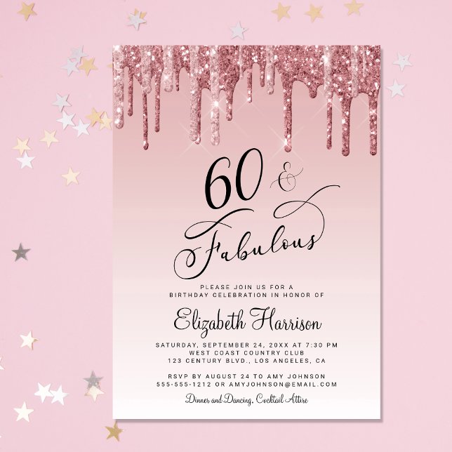 Convites 60ª Festa de aniversário brilhante Rosa cor-de-ros (Celebrate her 60 years of sparkle with an elegant rose gold glitter birthday party invitation )