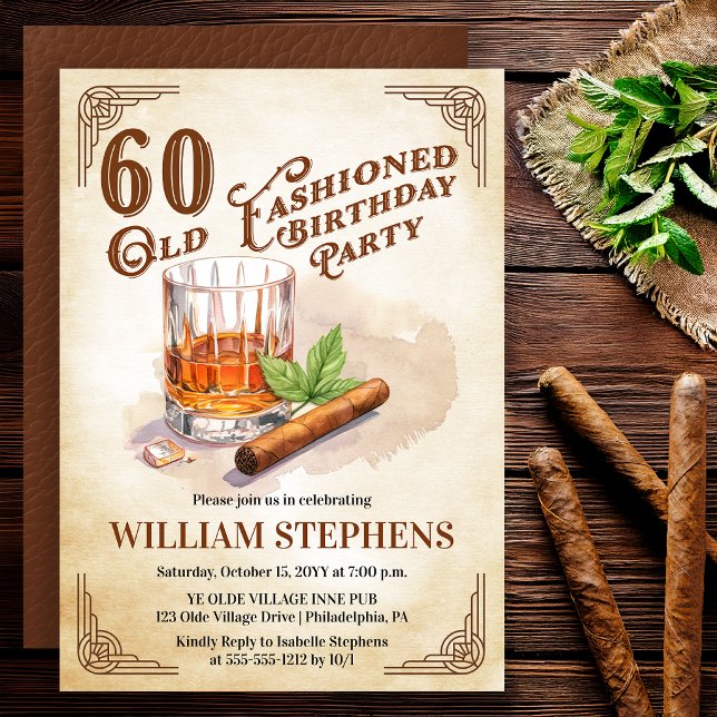 Convites 60ª Festa de Aniversário com Whisky e Charuto ao E (Old Fashioned whiskey 60th birthday invitation with vintage masculine style)