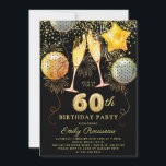 Convites 60ª Festa de aniversário de Confetti com Glitter P<br><div class="desc">Um dinâmico convite de aniversário ousado 60º com óculos de champanhe,  balões e confete dourado,  ouro a preto. Folha de ouro falsa na parte de trás do convite.</div>