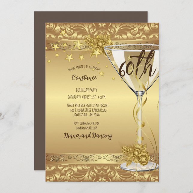 Convites 60ª Festa de aniversário de flores Douradas Elegan (Frente/Verso)