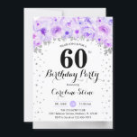 Convites 60ª Festa de aniversário - Flores Roxas Prateadas<br><div class="desc">60º convite de aniversário. Design elegante em prata brilhante com sotaque floral. Convide cartão com fonte de script e confetti. Lilás de lavanda roxa e de pasta branca. Perfeito para uma comemoração de na moda 30 dias. Envie-me uma mensagem se precisar de idade personalizada.</div>
